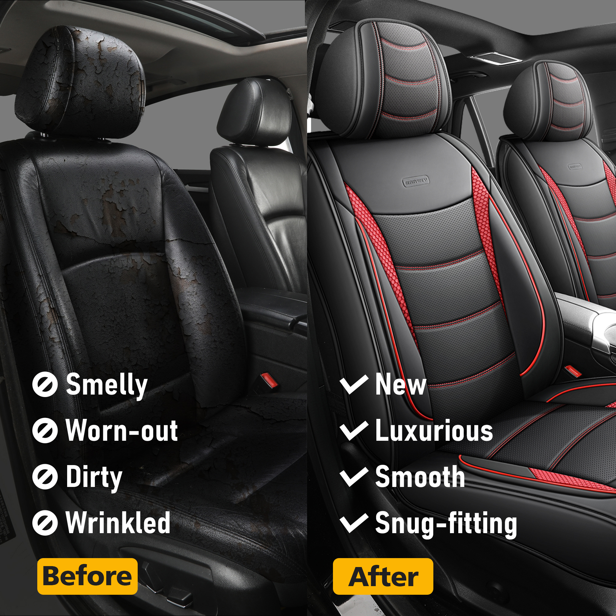 Luxury 5-Seat Car Seat Covers Full Set, Sport Black-Red Performance Style, Premium All-Season Interior Protection for Cars SUVs Trucks