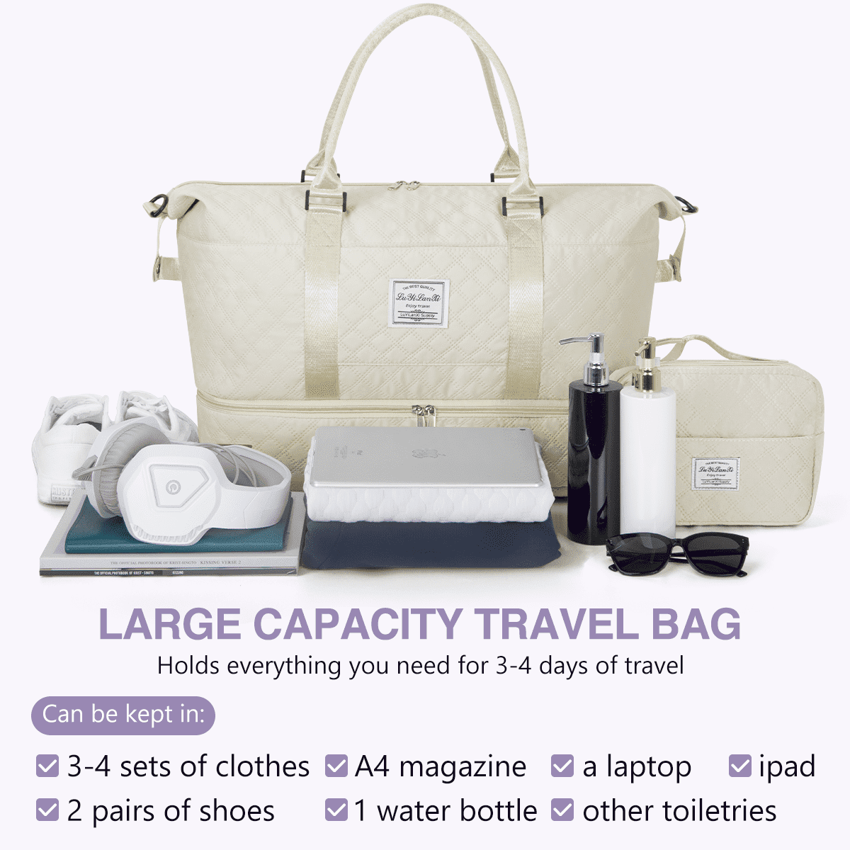 Weekender Bags for Women, Travel Duffel Bags with Shoe Compartment, Personal Item Travel Bag Weekender Overnight Bag Set Hospital Bags with Wet Pocket and Toiletry Bag for Labor and Delivery - White