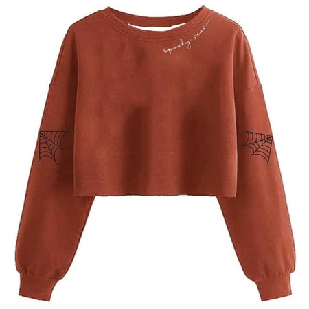 aohooy Womens Halloween Shirt Ghost Sweatshirts Fall Funny Graphic Cropped Sweatshirt Lightweight Spooky Season Crewneck Pullover Orange XL