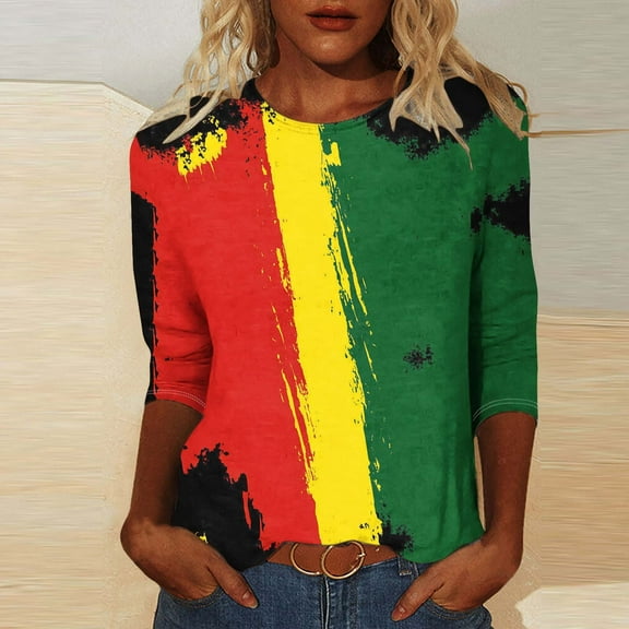 Jjayotai Tops for Women, Plus Size 3/4 Sleeve 2025 T Shirt, Black History Month Casual Loose Crew Neck Womens Blouses Multicolor L