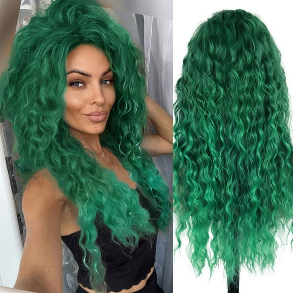 28 inch Long Green Wigs for Women Water Wavy Hairstyle Curly Wig in Synthetic Fiber