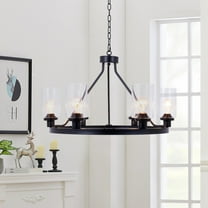 Farmhouse Chandelier Lighting Round 6 Lights Black with Glass Shade Ceiling Hanging Vintage Rustic Light Fixture for Dining Room Living Room Foyer Porch Kitchen Island