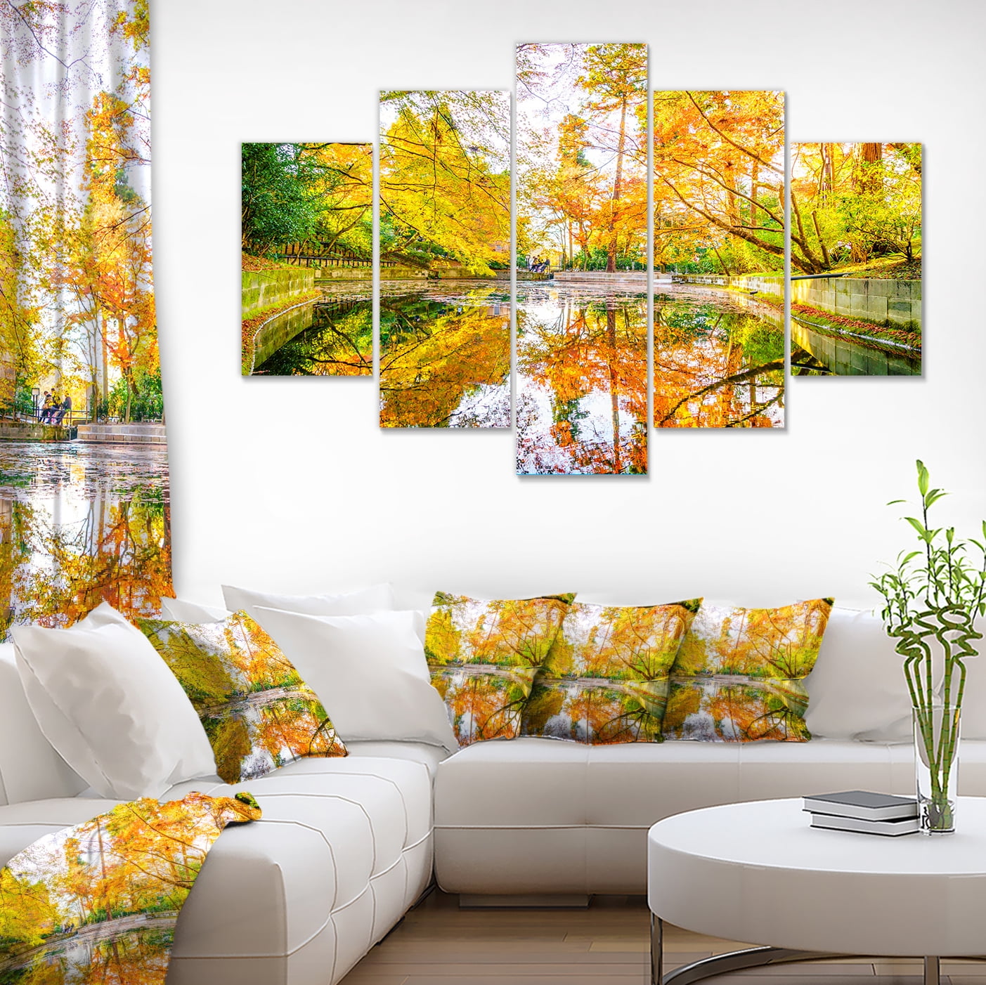 Designart 'Bright Fall Forest with River ' Landscape Canvas Art Print