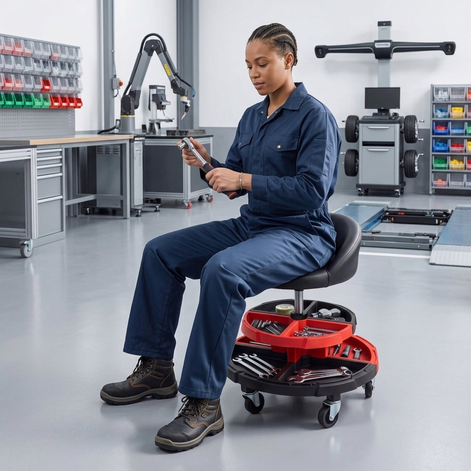 Biotree Rolling Shop Stool 26.5" x 21" x 12.5" with Tool Storage for Garage Shop Adjustable Swivel Shop Seat, Red