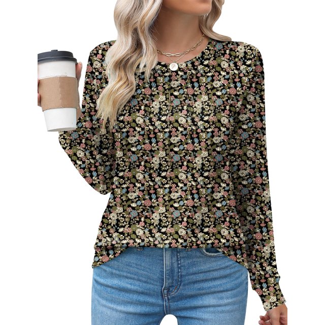 Camisas de manga larga Kistore casual plisadas con cuello redondo para mujer