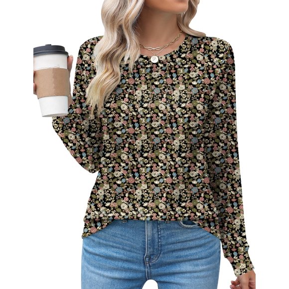 Camisas de manga larga Kistore casual plisadas con cuello redondo para mujer