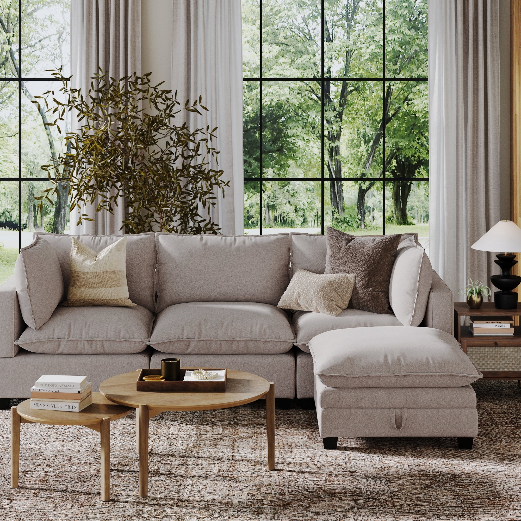 Nathan James Chelsea Modern Cloud Ottoman, Linen Fabric Upholstered Ottoman with Storage, Beige