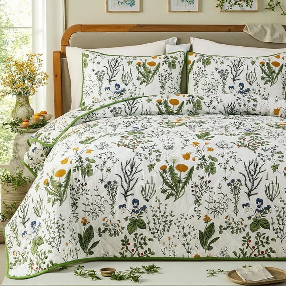 100% Cotton Quilt Set Size Green Vintage Floral Bedspread Lightweight Coverlet Set 3 Pieces Reversible Ultra Soft Quilted for All Seasons, Breathable, Exquisite