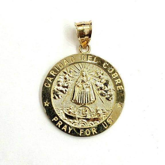 10k yellow gold round virgin Caridad del cobre pendant religious gift 1.05" 4.4g
