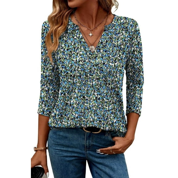 Ronuti 3/4 Length Sleeve Womens Tops V Neck Tunic Shirts Loose Curved Hem Blouses Dressy Casual M-3XL