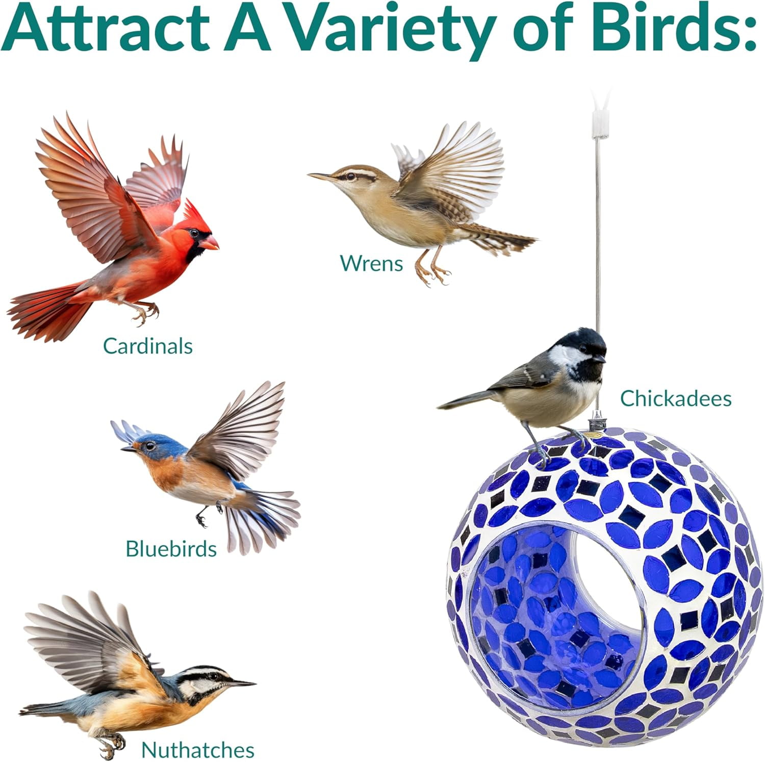 6-Inch Glass Mosaic Hanging Bird Feeder for Outdoors - Fly-Through Wild Bird Feeder - Lavender Mosaic