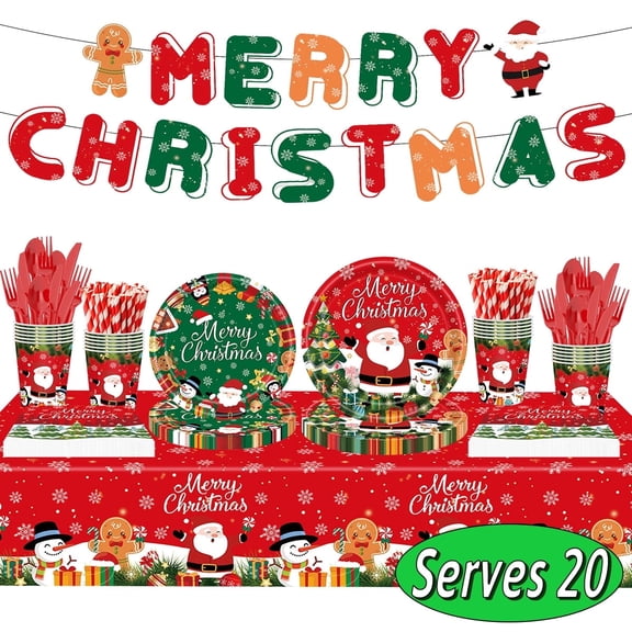 Christmas Party Supplies Xmas Paper Plates Napkins Disposable Tableware Holiday Party Favor Decoration Serves 20