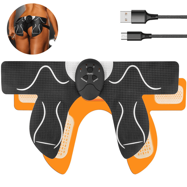 Abs Stimulator Electric Hips Trainer in black and orange with ergonomic pad design, featuring a central control unit and adhesive pads for muscle stimulation. Includes a USB data cable and hip sticker. Designed for men and women, this EMS device tones and strengthens hips, buttocks, and thighs with six simulation modes and ten intensity levels.