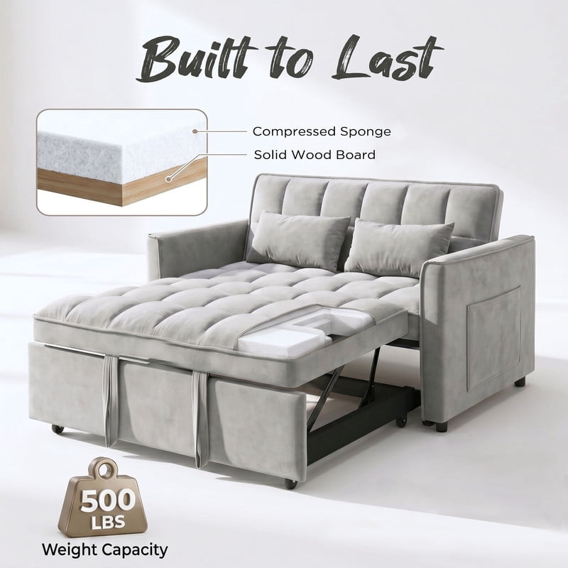 Gewnee 53" Sofa Bed, Convertible Sleeper Sofa & Pull Out Couch, 3-in-1 Velvet Loveseat with Adjustable Backrest and Storage Pocket, light gray