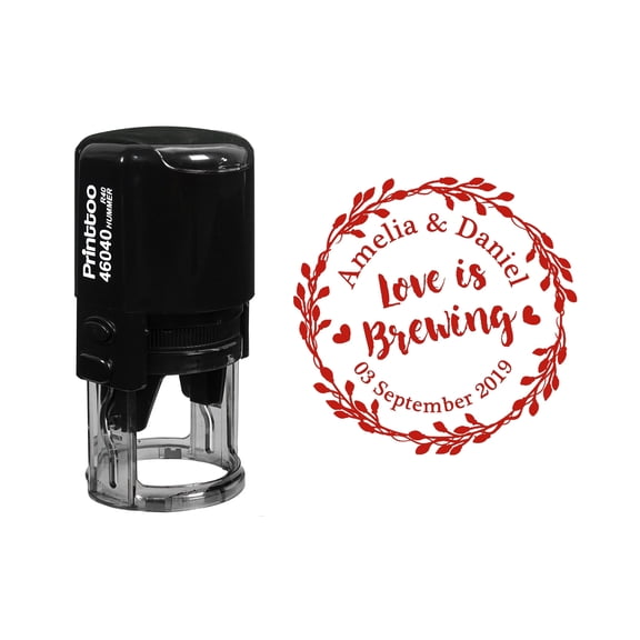 Printtoo Personalized Round Red Self Inking Wedding Favor Stamp Custom Love is Brewing Heavy Duty Rubber Stamper-40 mm