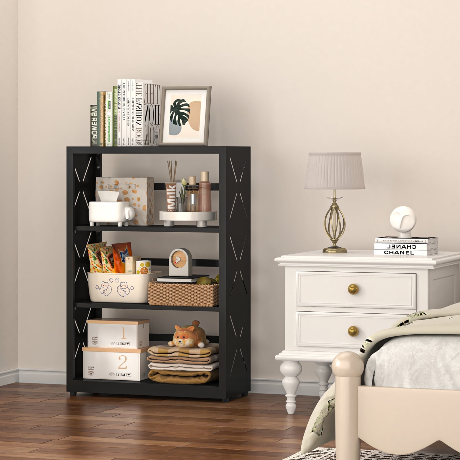 Polup Industrial Style 3-Tier Freestanding Bookcase with Adjustable Metal Shelves, Black, 1-Pack