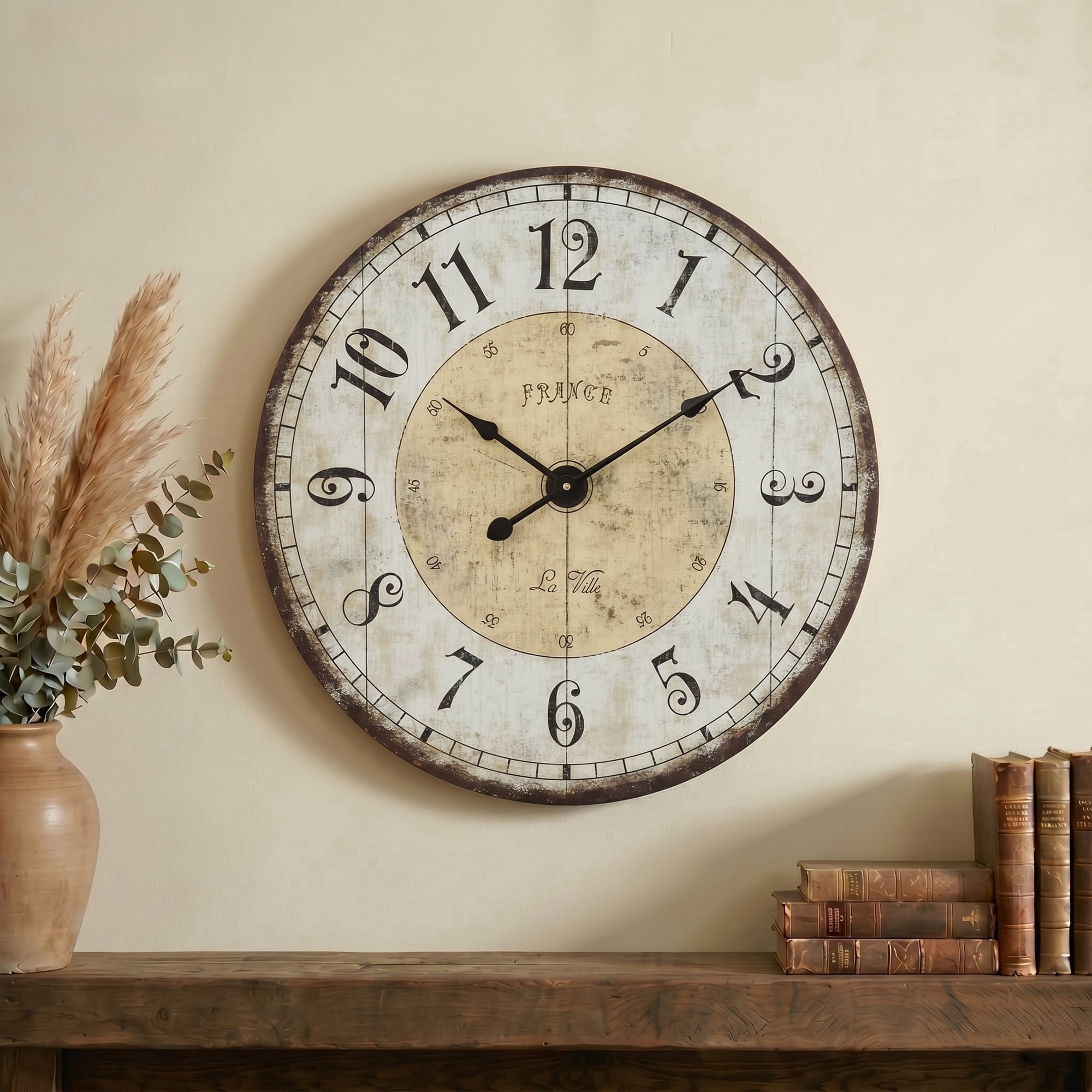 MODE HOME 24 Large Rustic Round Wood Wall Clock, Silent Vintage Farmhouse Decorative Clock for Living Room