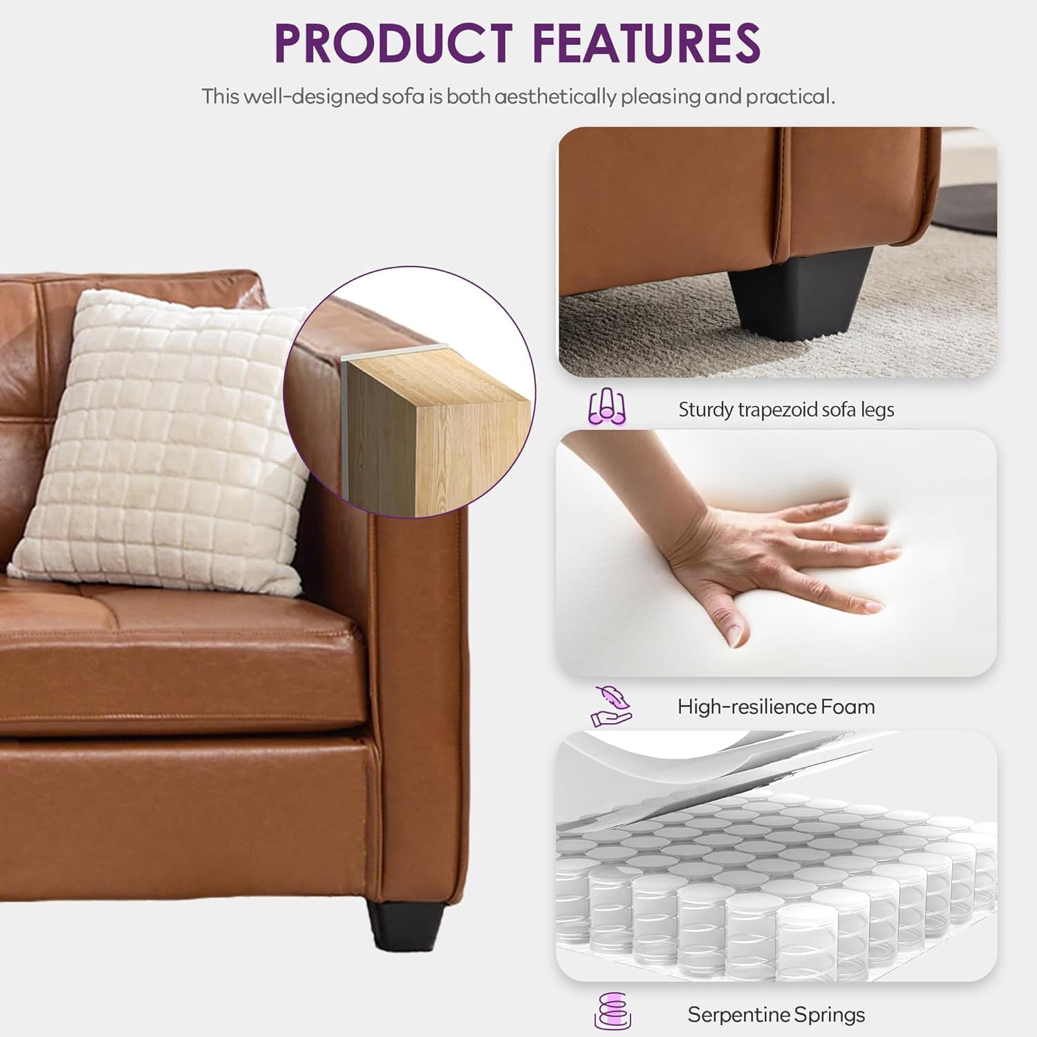 AODAILIHB 65" W Faux Leather Loveseat Sofa, Modern Tufted Comfy Office Small Couch w/USB Charging Ports and Wide Arms, Brown