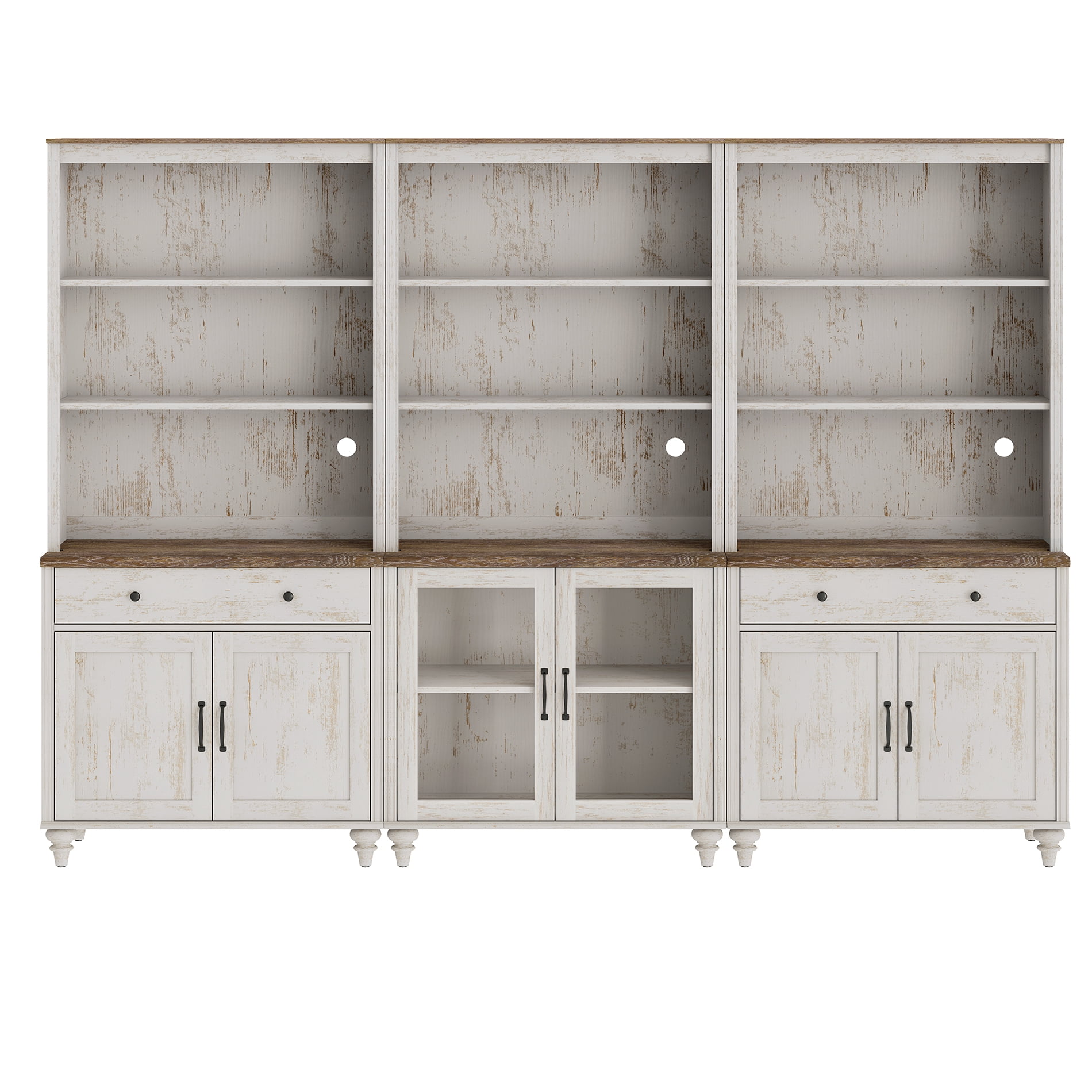 Farmhouse 5 Tier Bookcase With Doors & Drawers, Rustic White, 101.6" W