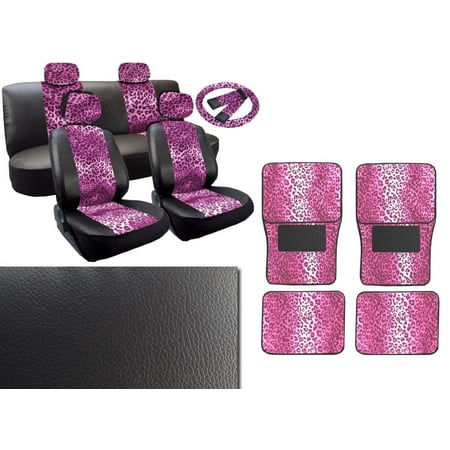 Front Row Leopard - 17 Piece Leopard Print Deluxe Leatherette Full Car Seat Cover Set Premium Synthetic Leather Double Stitched - Low Back Front Bucket Seats - Rear Bench PLUS FREE Steering Wheel Set