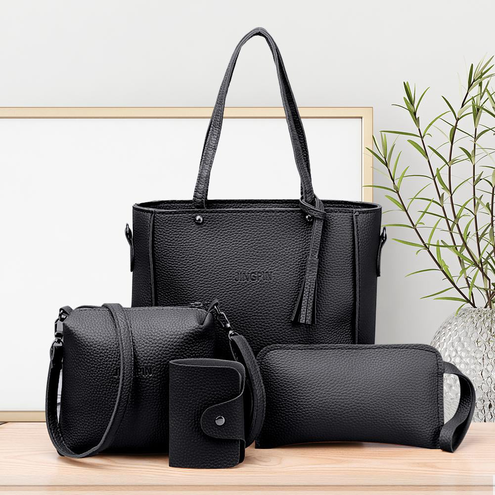 4pcs Lichi Leather Tassels Women Shoulder Bag Tote Handbag Clutch Card Bag Purse 