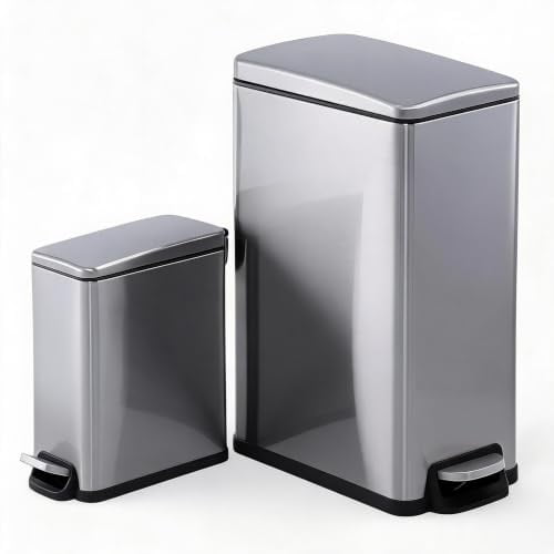 Stainless‑Steel Step Trash Can Combo Set: 12 Gallon Large Bin 2.6 Gallon Slim Waste Bin for Kitchen and Household Use