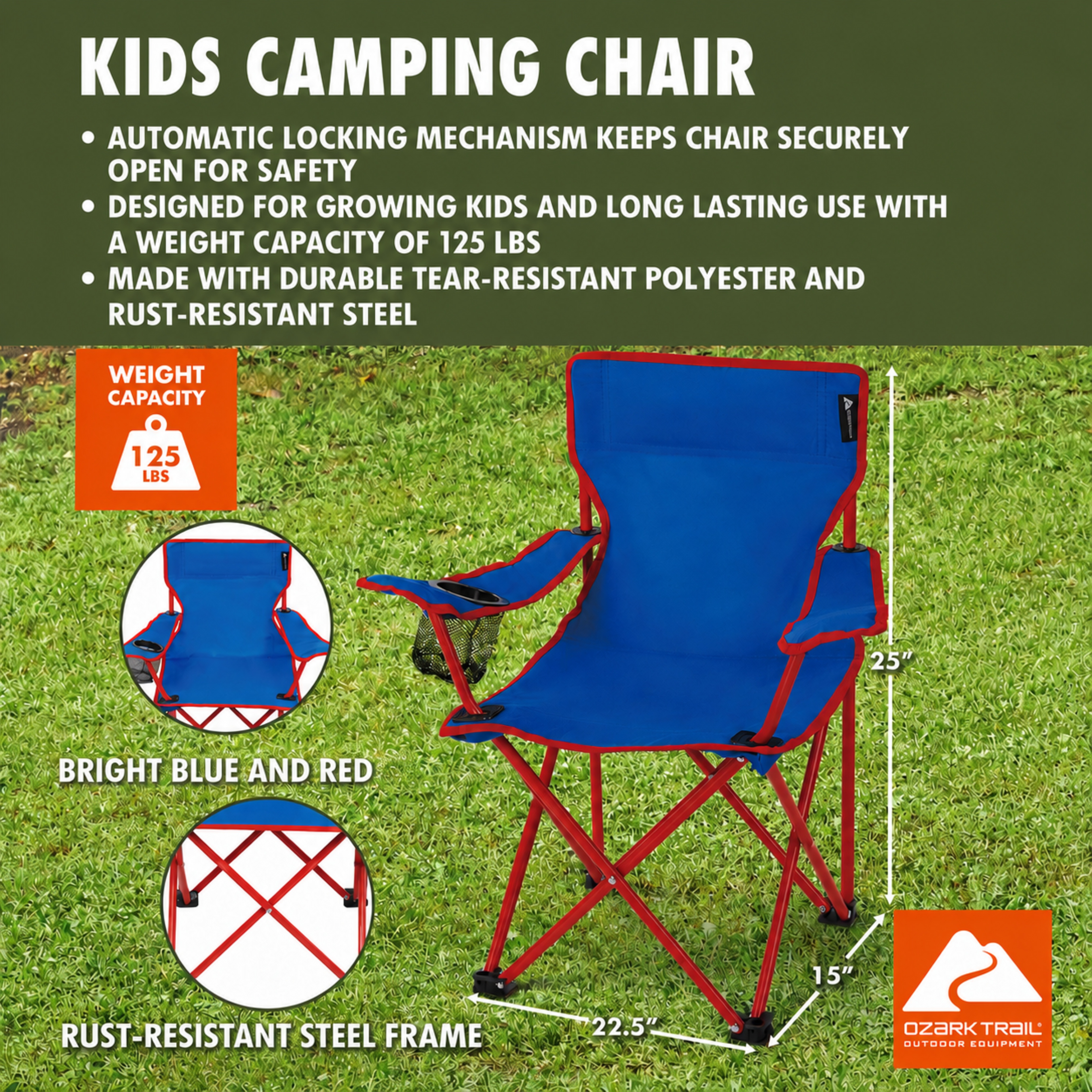 Ozark Trail Kids Quad Camp Chair with Cupholder, Blue photo 2