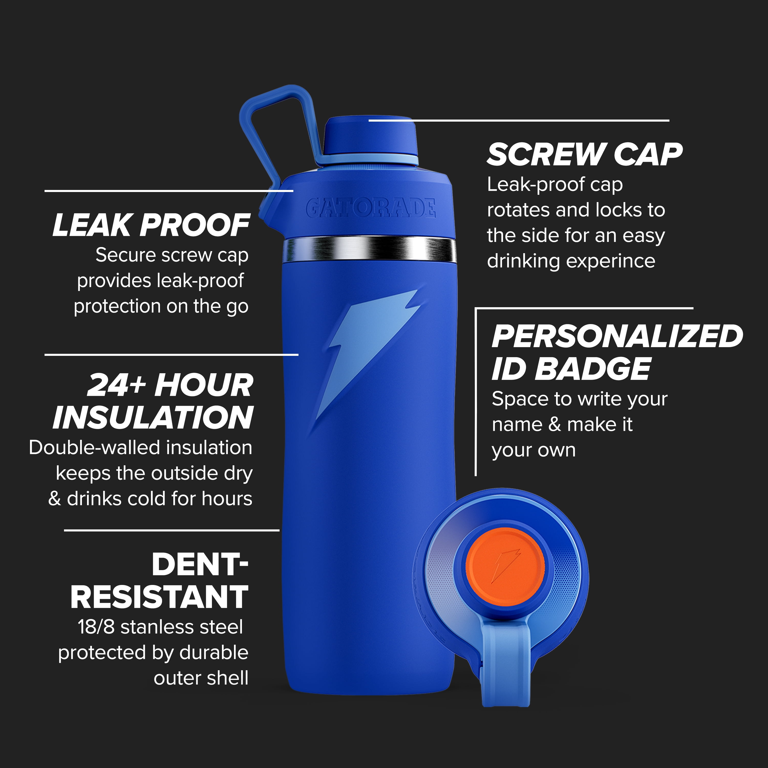Gatorade 'Overtime' 32oz Stainless Steel Water Bottle, Twist Cap, Blue
