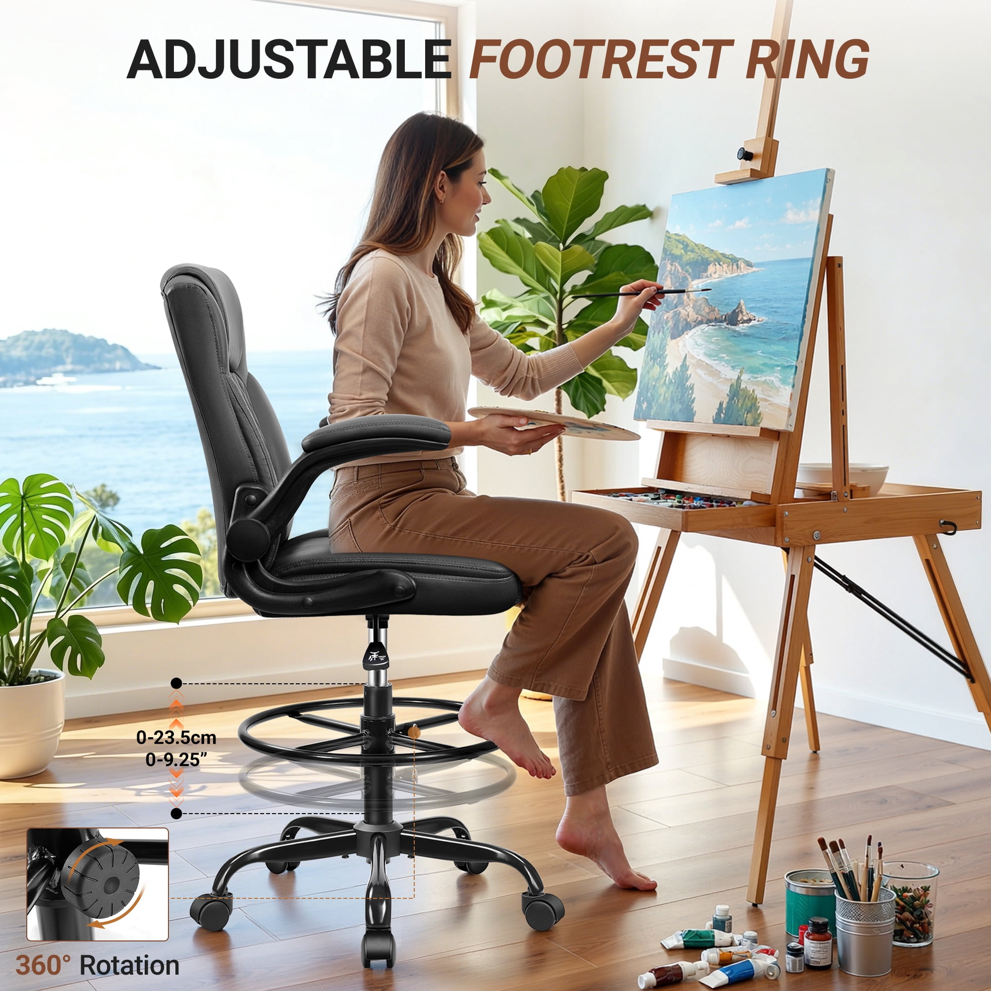 COOLHUT High Back Office Chair with Flip-Up Armrests, PU Leather Executive Ergonomic Computer Chair, Features Lumbar Support, Adjustable Foot Ring for Standing Desks, Home Offices, Black