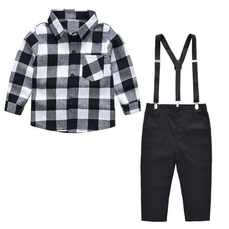 

Baby Boys Outfits Clothes Sets Toddler Kids Fashion Gentleman British Style Lattice Pattern Print Long Sleeve Shirt Suspenders Pants Casual Shirt Overalls Suit Tuxedo Suit Wedding Birthday Party