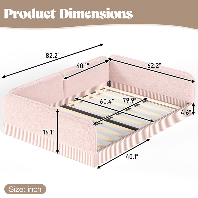 Queen Size Upholstered Floor Daybed Frame for Kids, Half-Enclosed Montessori Platform Bed with 3-Sided Surrounding Guardrails