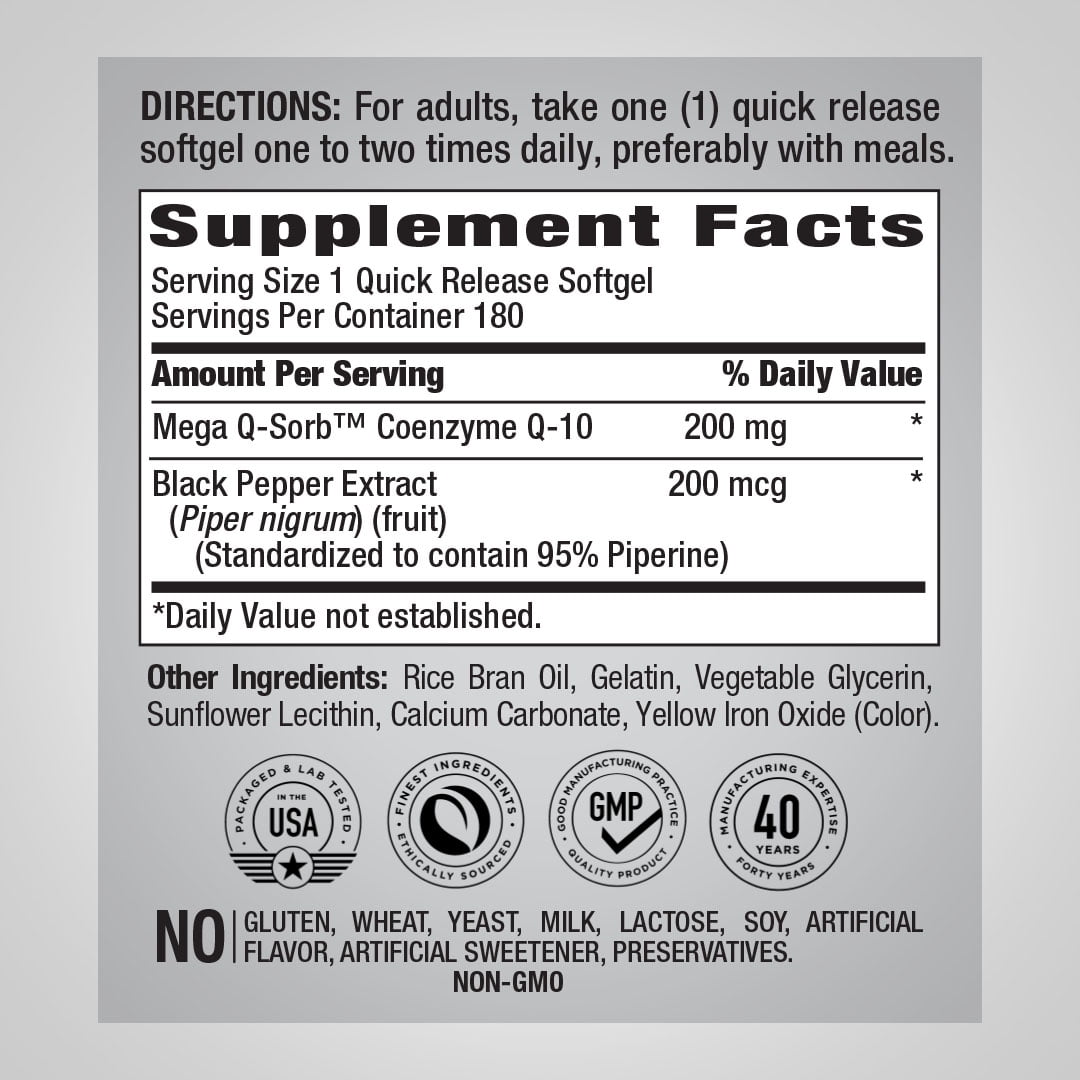Absorbable CoQ10 200 mg | 180 Softgels | by Piping Rock