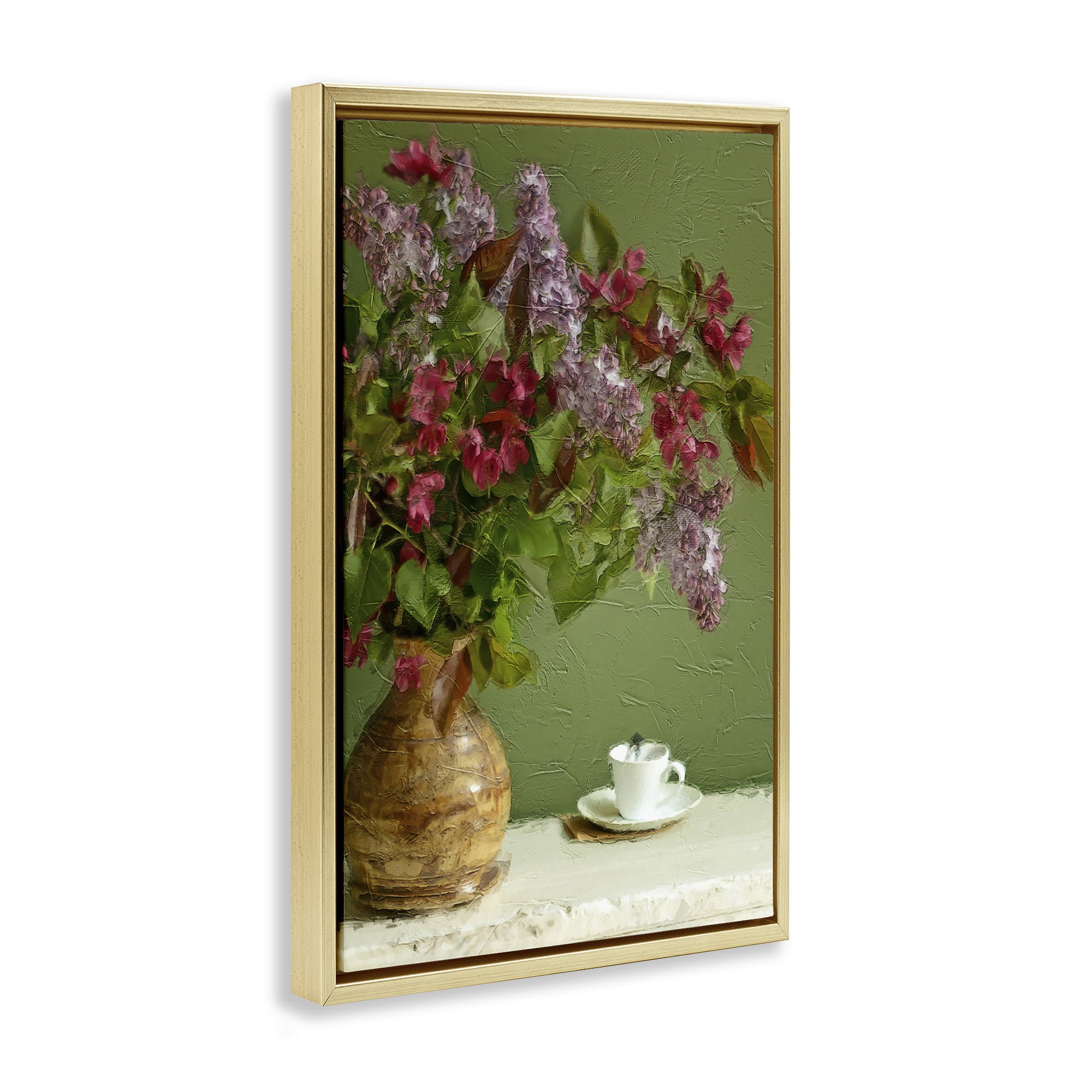 Stupell Industries Flowers & Teacup Botanical & Floral Painting Gold Floater Framed Art Print Wall Art, 21 x 31