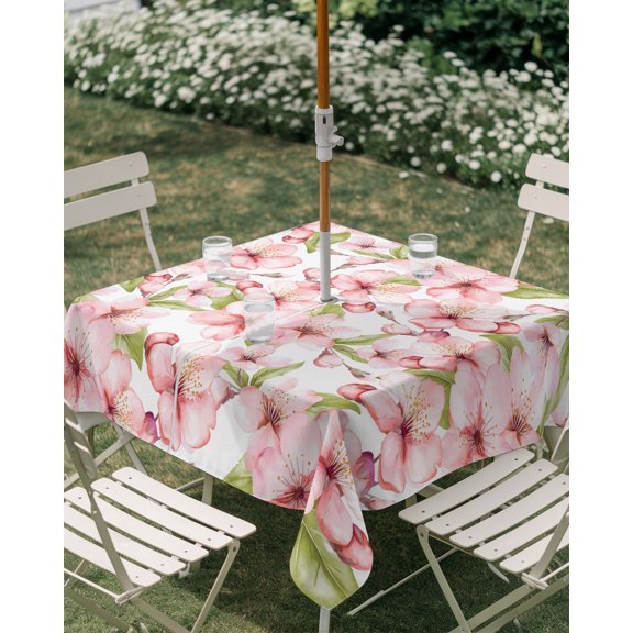 Outdoor Tablecloth with Umbrella Hole, Pink Flower Watercolor Leaves Seamless Zippered Table Cloth for Rectangle Tables, Blossom Floral Washable Waterproof Tablecloths for Picnic Patio Garden