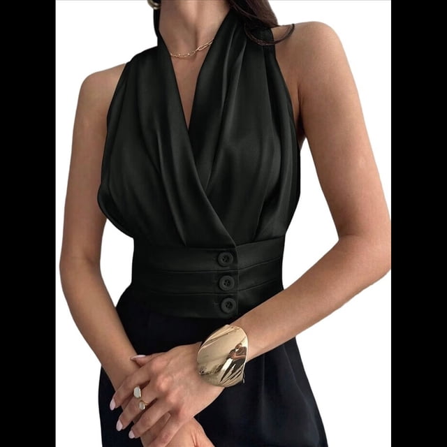 Blusas Plisadas Sin Mangas con Cuello en V para Mujer, Camisas Elegantes de Oficina. Negro S