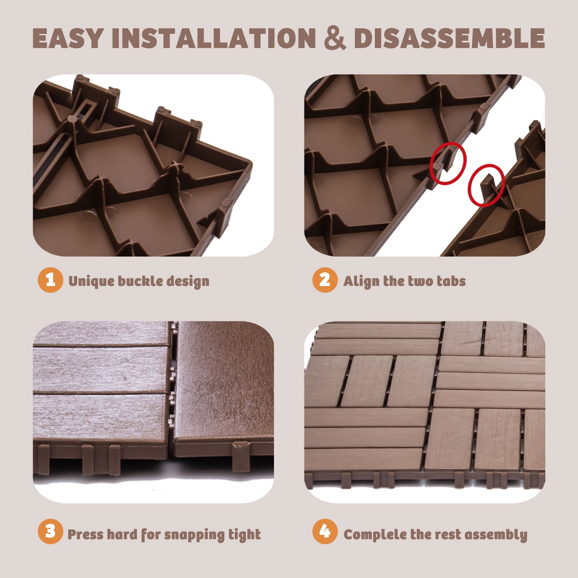 Plastic Interlocking Deck Tiles, 61.60 Sq.Ft Outdoor Plastic Flooring Super Durable & Waterproof All-Weather Indoor/Outdoor Use, 68-Pack 11.42"x11.42"