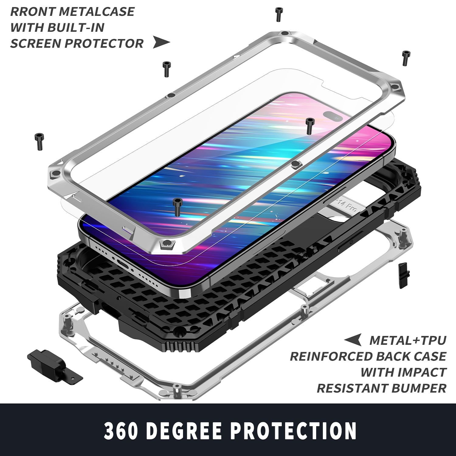 iPhone 14 Pro Max Rugged Full-Body Case, Metal Bumper Built-in Screen Protector&Kickstand,Dustproof and Drop-Proof,Full Body Protection Heavy Duty Rugged Military Cover For iPhone 14 Pro Max, Silver