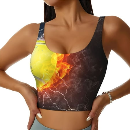 Qokaie Tennis Ball On Fire And Water Pattern Womens Scoop Neck Sports Bra Breathable Workout Vest Padded U Back Medium Impact Fitness Gym Yoga Bra Workout Crop Top-X-Large