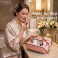 thumbnail image 2 of Makeup Bag for Women Cosmetic Bags Large Capacity Travel Toiletry Bag Make up Organizer Open Flat Portable Pouch with Handle, Khaki, 2 of 5