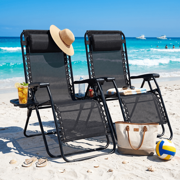 Set of 2 Zero Gravity Chairs with Cup Holder Trays, Portable Recliner Beach Camping Patio Outdoor Folding Lounge Chairs with Adjustable Pillow, Black