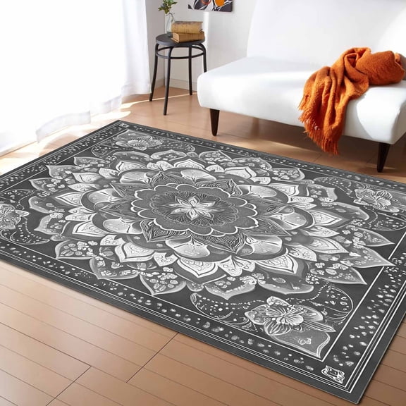 Area Rugs Indoor Non-Slip Rectangle Rug 4x6 Ft Abstract Bohemia Style Gary Ethnic Tribal Flowers Rug Rubber Backing Floor Mats Non Shedding Home Decor Carpet for Entryway Living Room