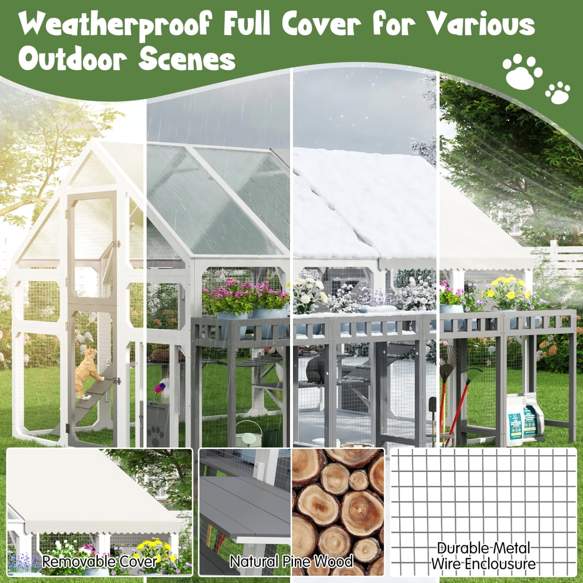 LuckyNote Large Outdoor Cat House with Planter Stand, Wooden Cat Enclosure with Resting Boxes, Hanging Bridge, Platforms, Walk-In Catio with Waterproof Cover
