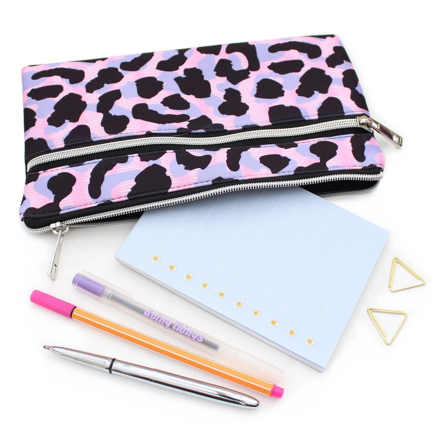 Pen+Gear Leopard Print Pencil Pouch in Purple with 2 Zip Compartments