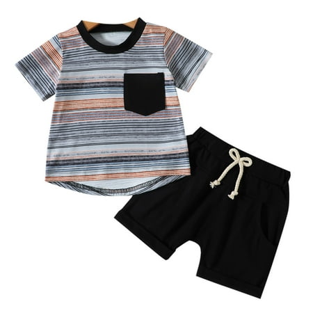

Toddler Boys Girls Outfits Short Sleeve Striped Print T Shirt Tops Shorts Outfits