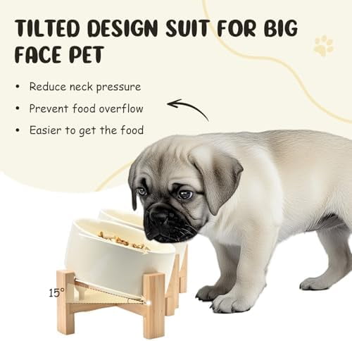 15° Slanted Ceramic Dog and Cat Bowl with Wooden Stand, Tilted Bulldog Food and Water Bowl No Slip Non-Spill for Cats Medium Dogs Big Face Pets 28.7 OZ (3.6 Cups, Beige × 2)