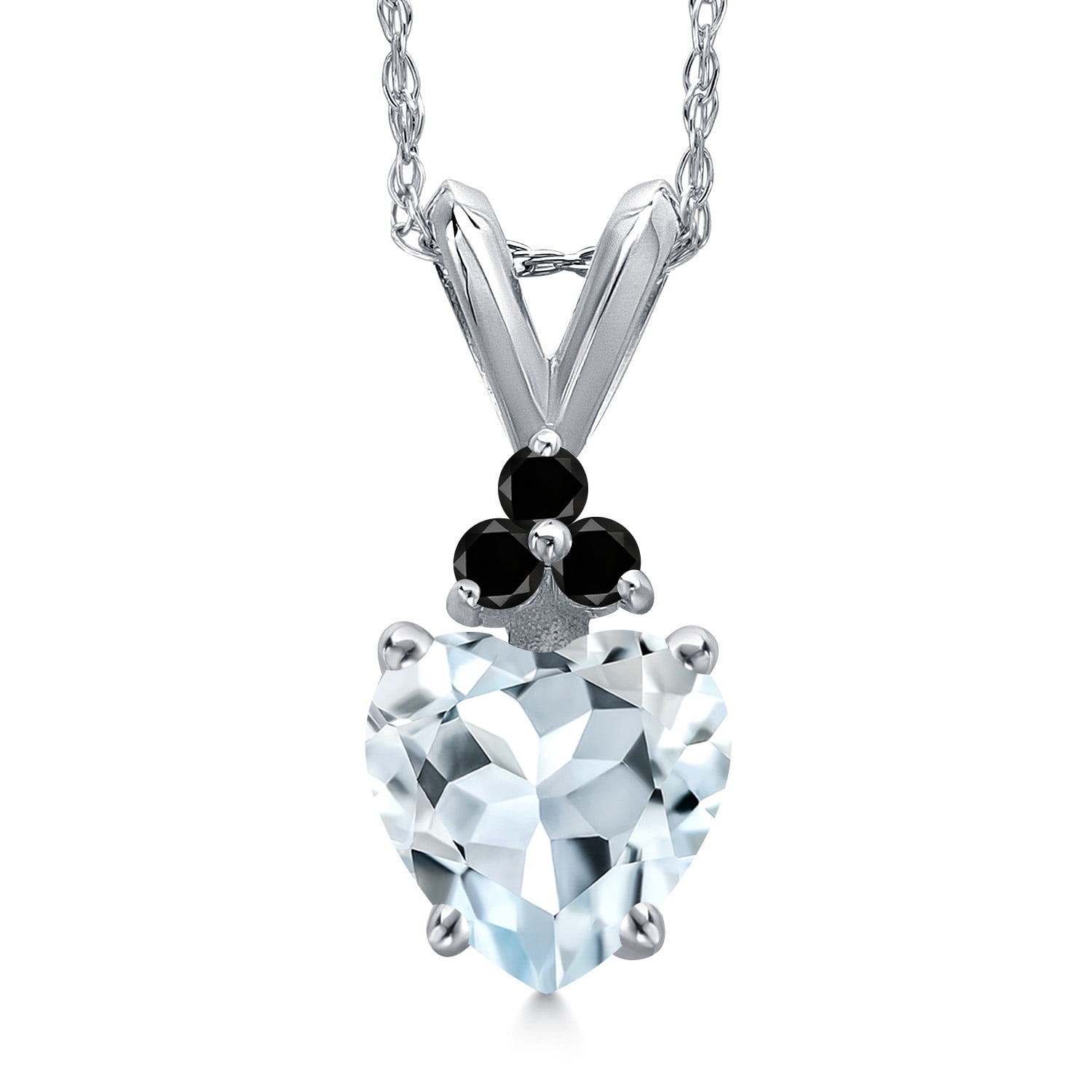 Gem Stone King 14K White Gold Sky Blue Aquamarine and Black Diamond Pendant Necklace for Women | 0.77 Cttw | Gemstone March Birthstone | Heart Shape 6MM | With 18 inch Chain
