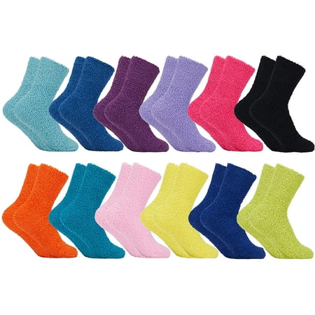 

SOCKS NBULK Women Fuzzy Socks Crew Socks Warm Butter Soft (9-11) (12 Pairs Bright Solid)