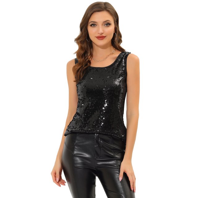 INSPIRE CHIC Camiseta sin mangas con cuello redondo y lentejuelas brillantes para mujer Negro M