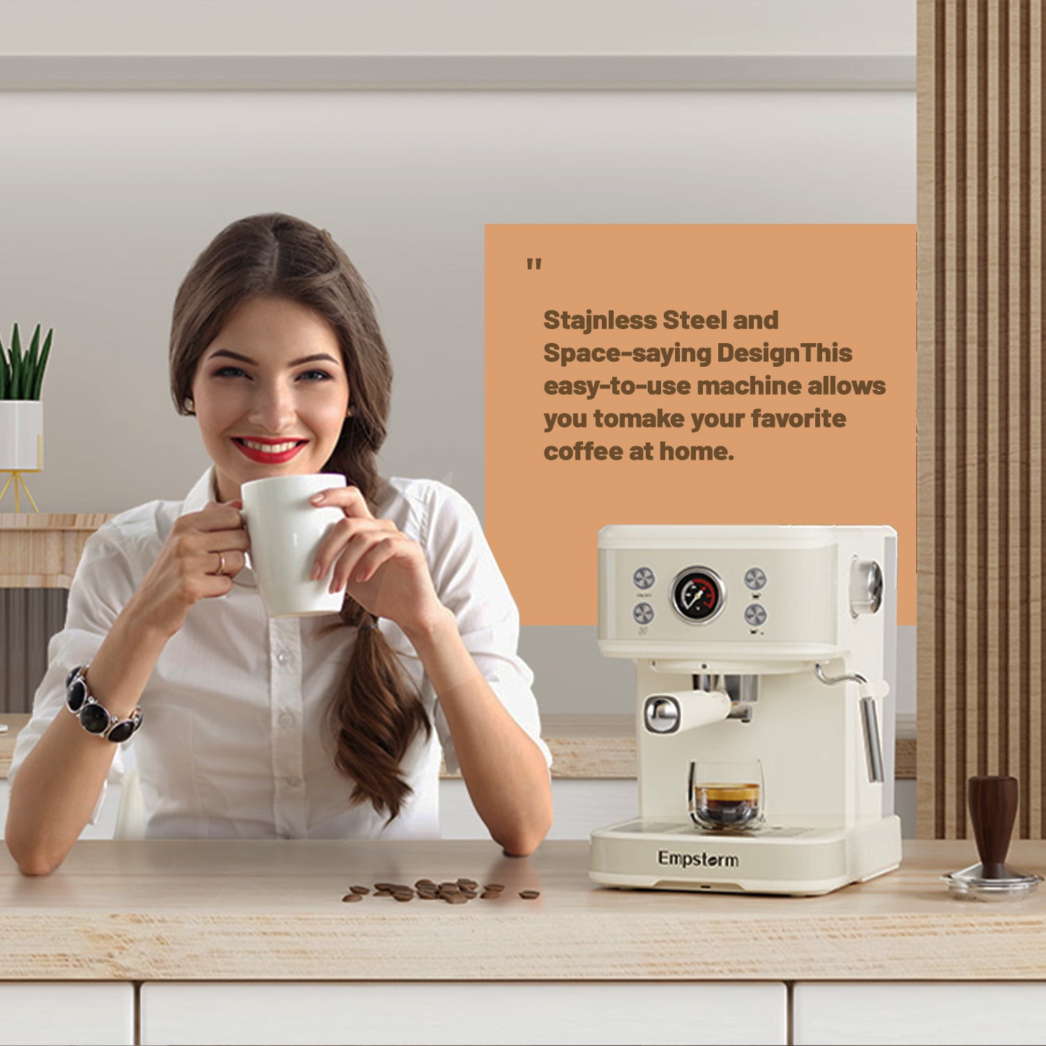 20 Bar Espresso Machine with Milk Frother Steam Wand, 3-in-1 Coffee Maker, Compatible with NS Pods, Stainless Steel, for Latte & Cappuccino, Beige
