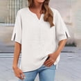 thumbnail image 2 of Bxsruta Cotton Linen Embroidered V Neck Blouse Casual Loose Short Sleeve Pullover Top for Women, 2 of 8